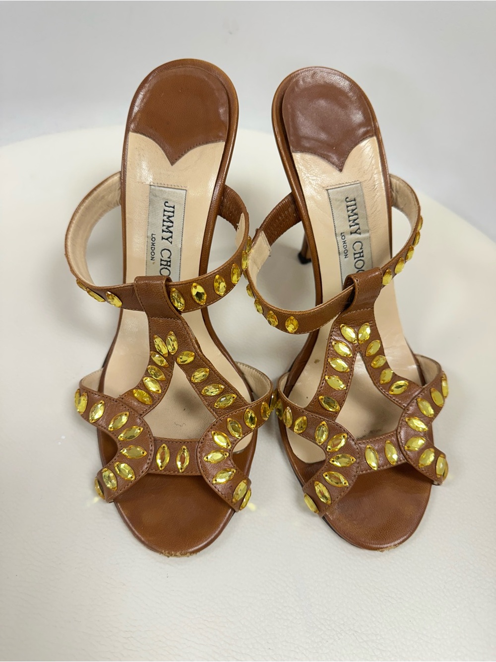 Jimmy Choo Brown Leather Heeled Sandals with Yellow Crystal Accents
